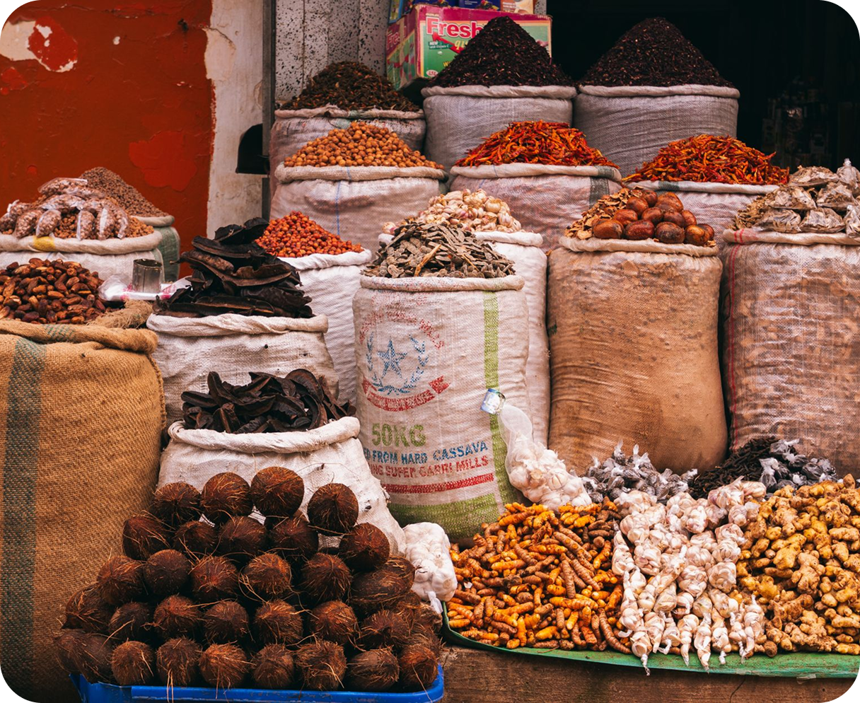 Sacks of colorful spices and grains at the marketplace