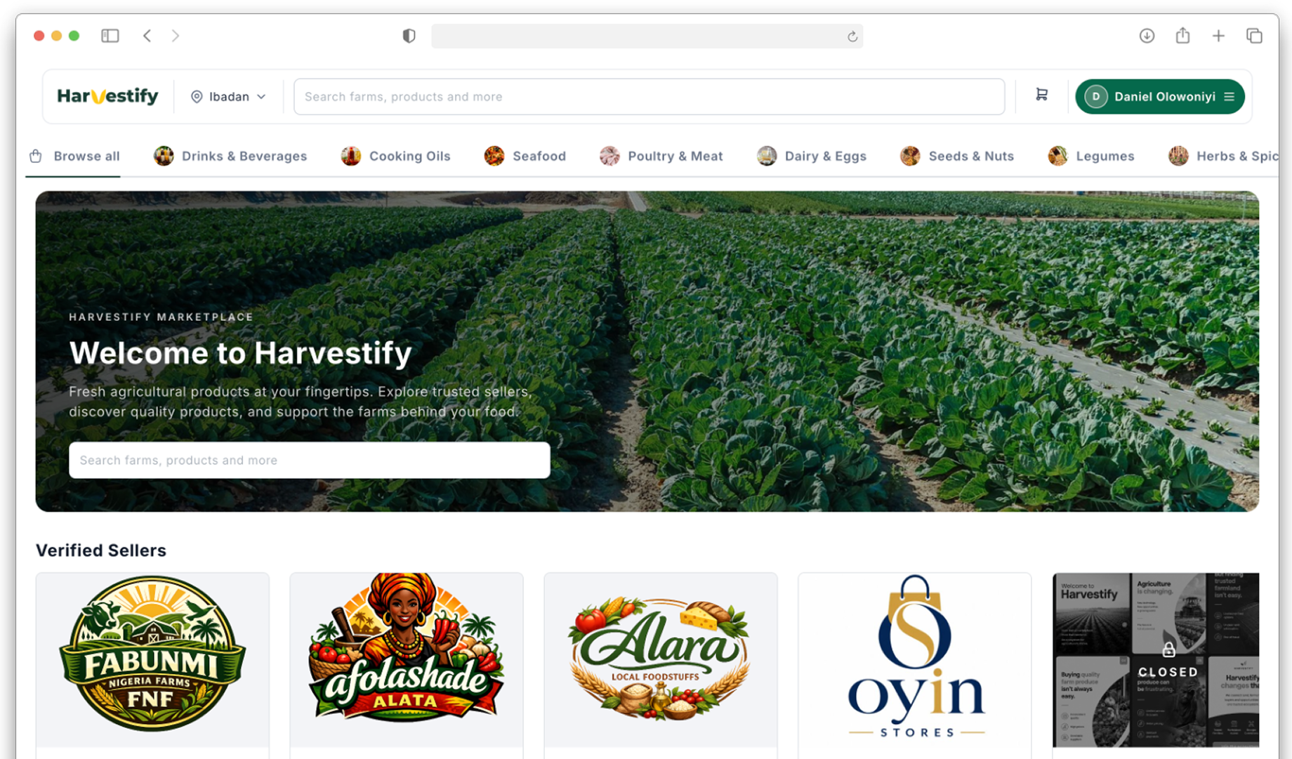 Harvestify marketplace in a browser — browse verified sellers and farm-fresh produce